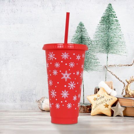 Vaso de Plástico con Tapa y Popote, Navideño, Copos de Nieve
