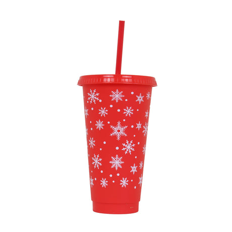 Vaso de Plástico con Tapa y Popote, Navideño, Copos de Nieve