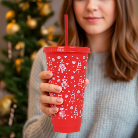 Vaso de Plástico con Tapa y Popote, Navideño, Pino