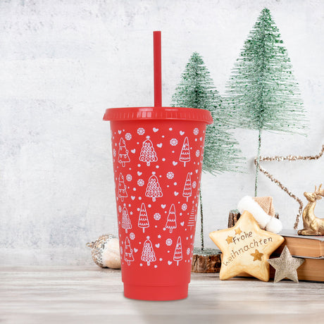 Vaso de Plástico con Tapa y Popote, Navideño, Pino