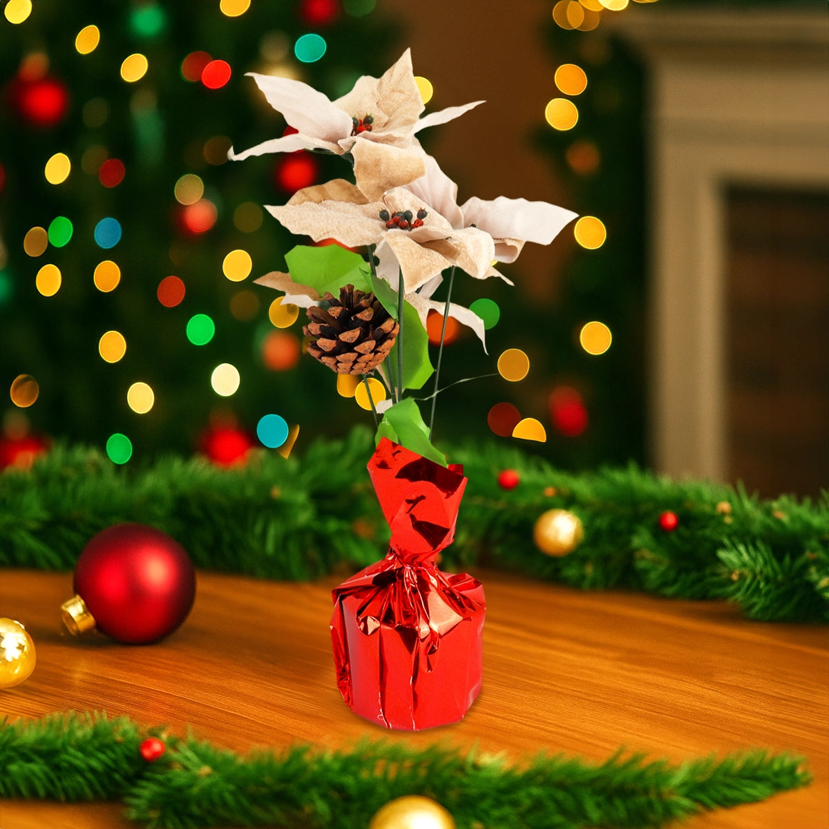 Nochebuena Artificial Blanca en Maceta, Color Rojo