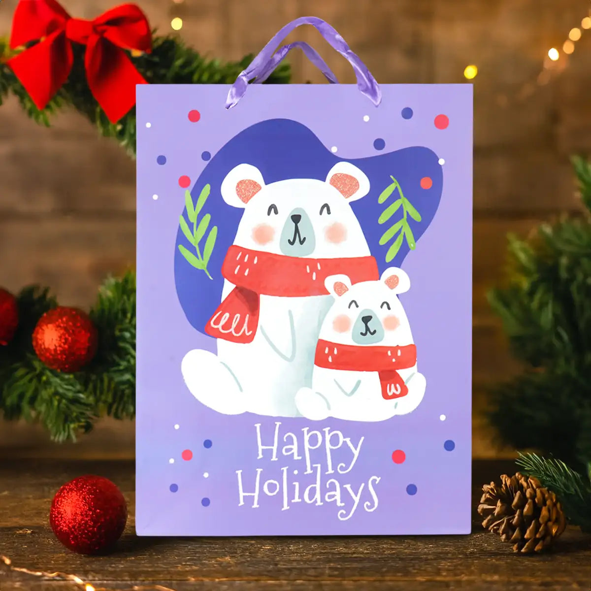 Bolsa de Regalo Navideña, Happy Holidays, Color Morado