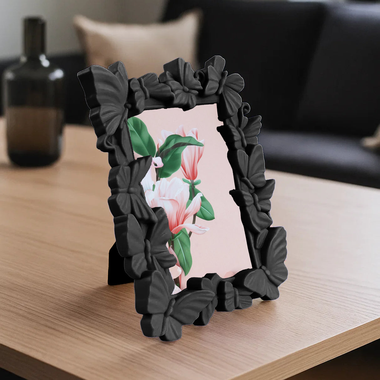 Portarretrato, Diseño Mariposas, Color Negro, 10x15cm