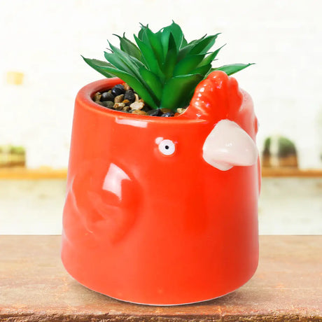 Maceta de Pájaro con Mini Planta Artificial, Color Naranja