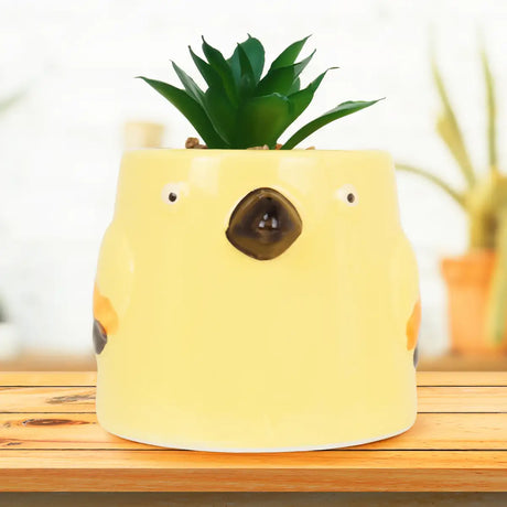 Maceta de Pájaro con Mini Planta Artificial, Color Amarillo