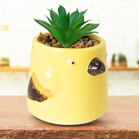 Maceta de Pájaro con Mini Planta Artificial, Color Amarillo