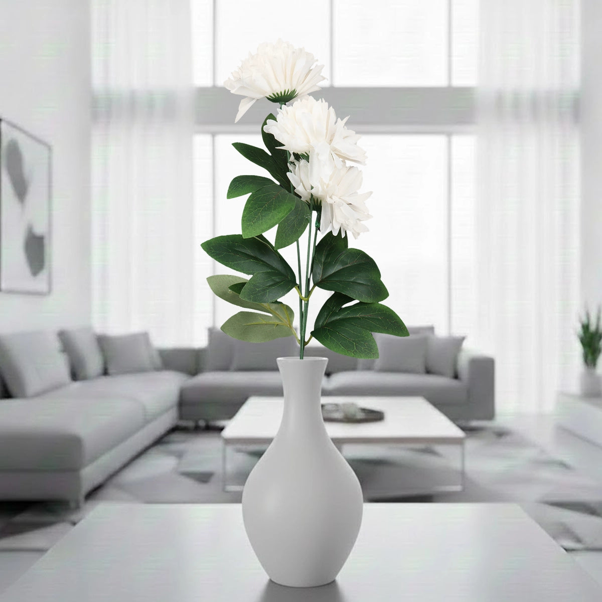 Crisantemo, 3 Flores Artificiales, Color Blanco