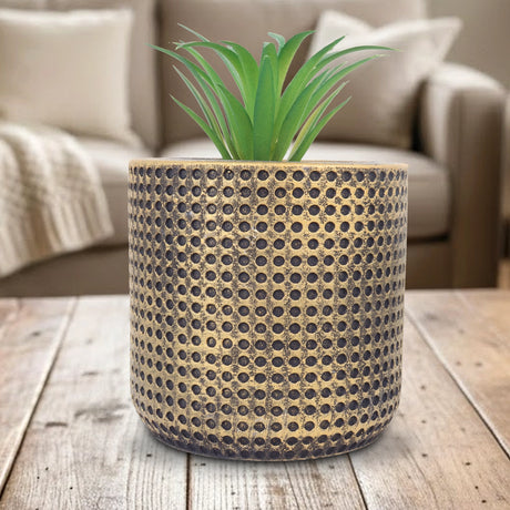 Maceta con Acabado Tipo Yute, Color Dorado y Café