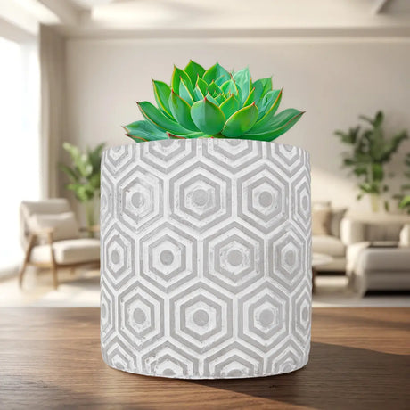 Maceta Textura Hexagonal, Color Blanco y Gris