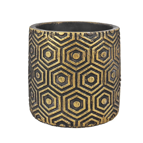 Maceta Textura Hexagonal, Color Negro y Oro