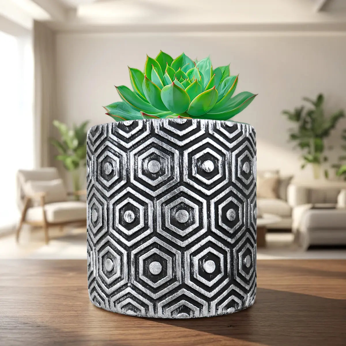 Maceta Textura Hexagonal, Color Negro y Plata