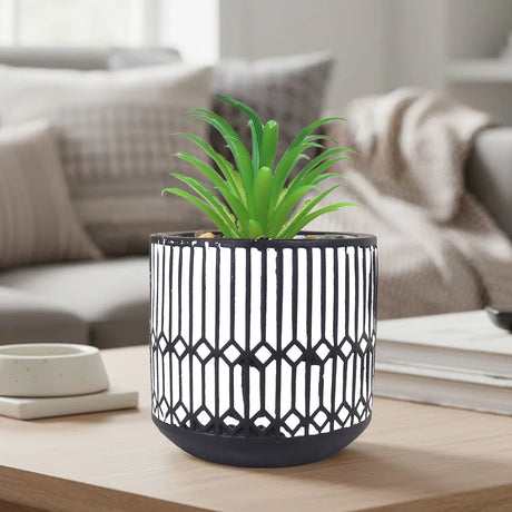 Maceta con Planta Artificial, Diseño Azulejo, Color Negro