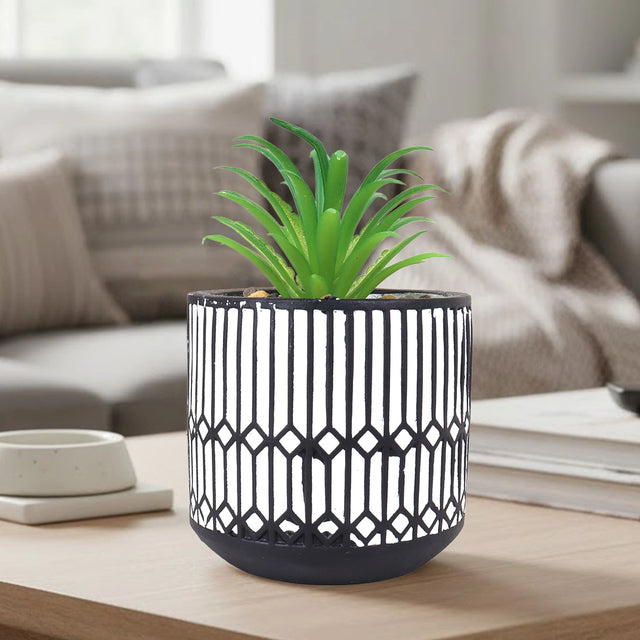 Maceta con Planta Artificial, Diseño Azulejo, Color Negro