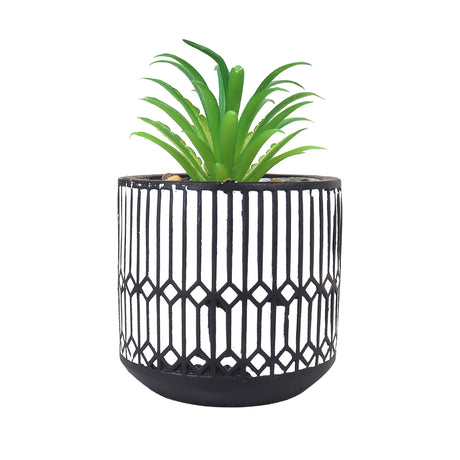 Maceta con Planta Artificial, Diseño Azulejo, Color Negro