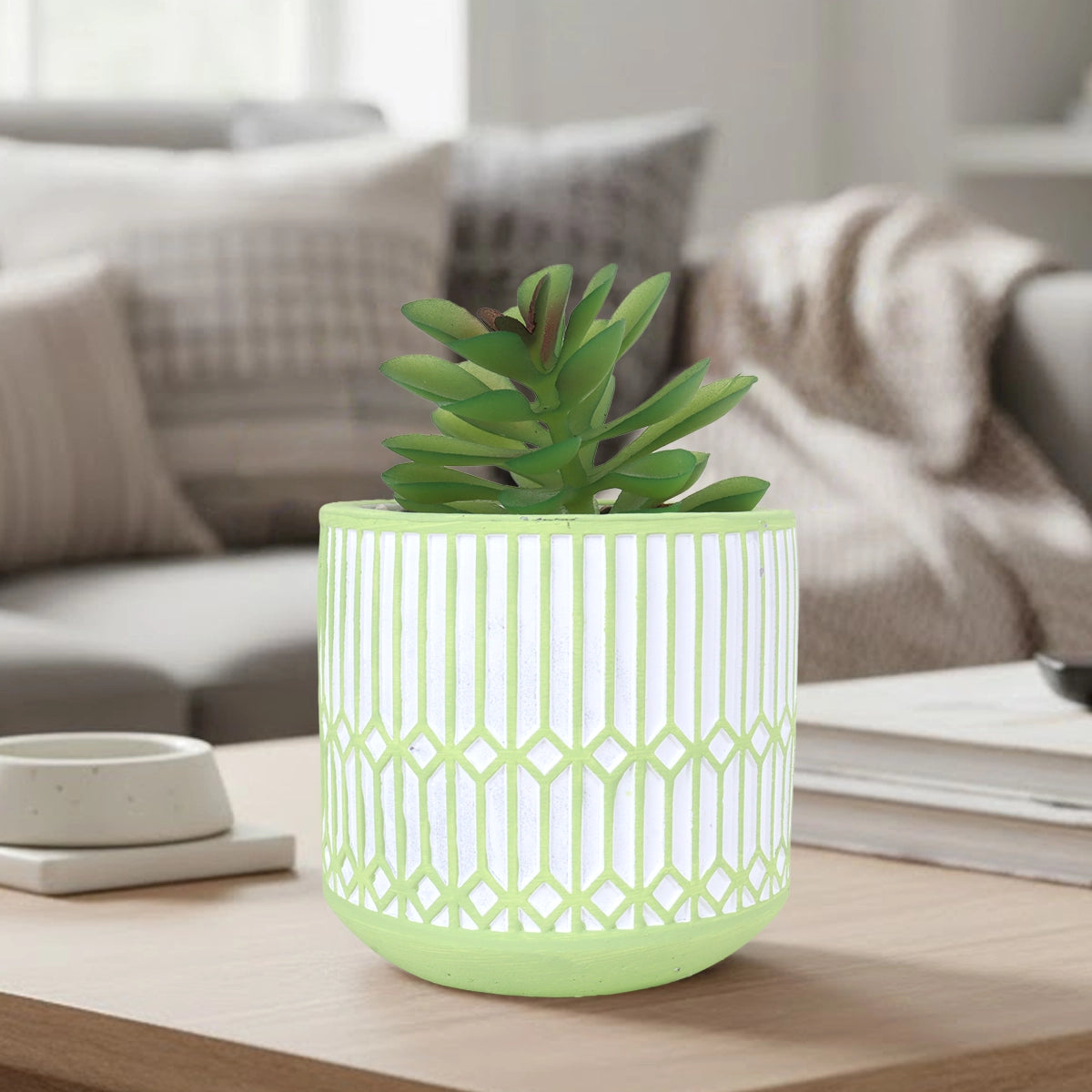 Maceta con Planta Artificial, Diseño Azulejo, Color Verde