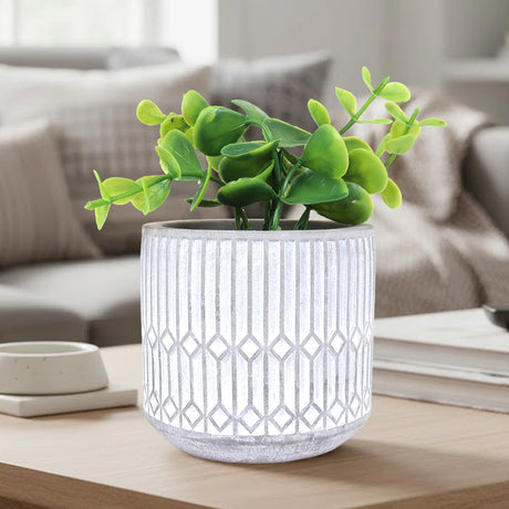 Maceta con Planta Artificial, Diseño Azulejo, Color Gris