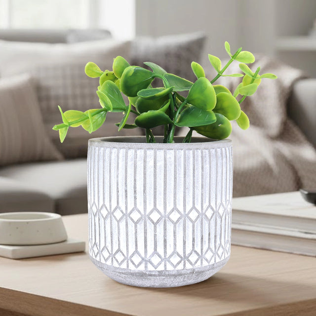 Maceta con Planta Artificial, Diseño Azulejo, Color Gris