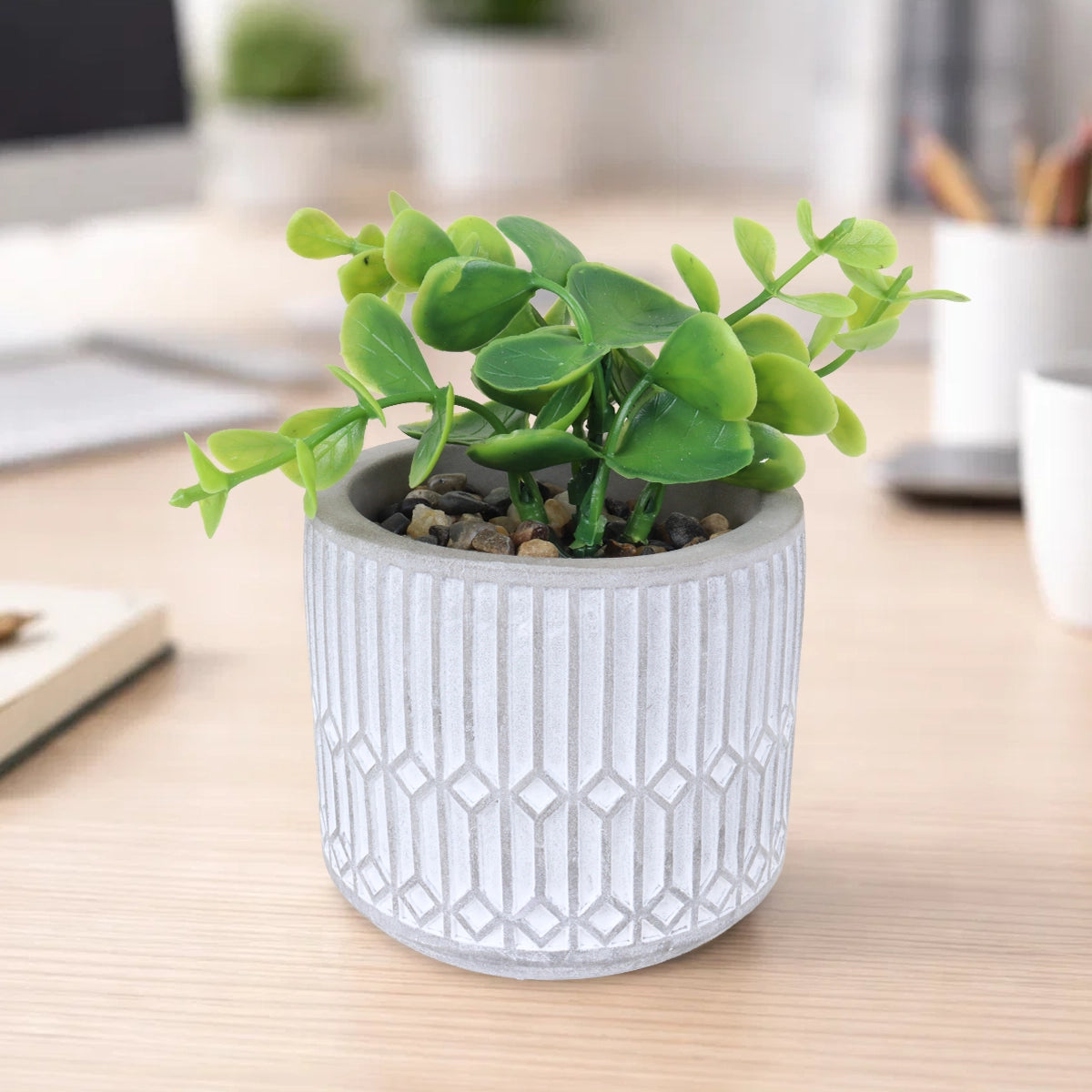 Maceta con Planta Artificial, Diseño Azulejo, Color Gris