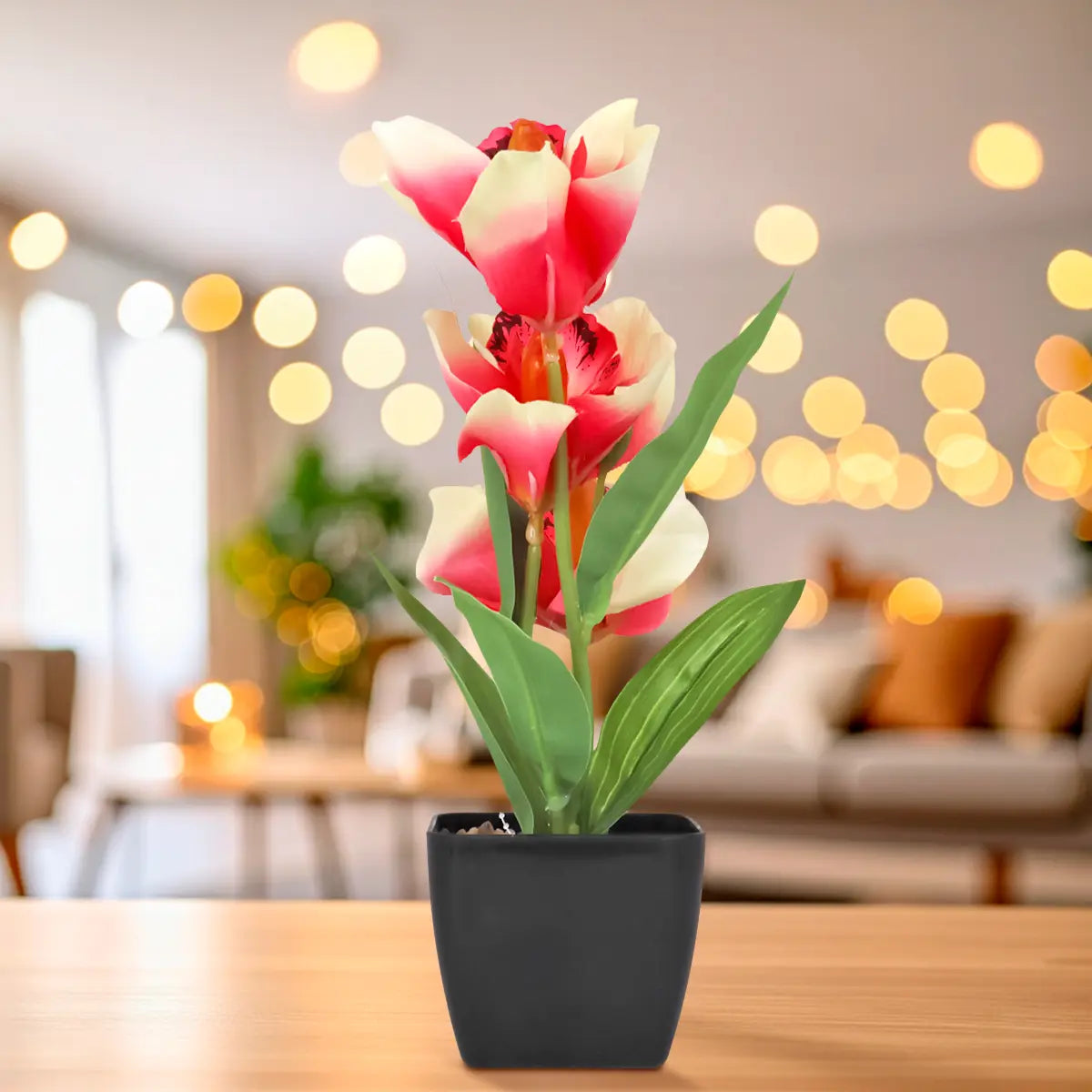 Orquídea Artificial con Maceta, Color Fucsia