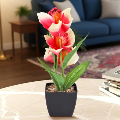 Orquídea Artificial con Maceta, Color Fucsia