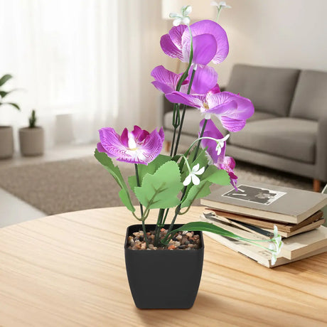 Orquídea Mariposa Artificial con Maceta, Color Morado y Blanco