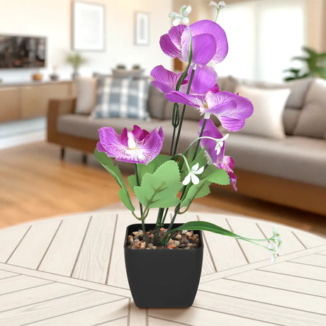 Orquídea Mariposa Artificial con Maceta, Color Morado y Blanco