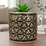 Maceta con Planta Artificial, Diseño Cilindro con Patrón, Color Dorado