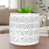 Maceta con Planta Artificial, Diseño Cilindro con Patrón, Color Gris