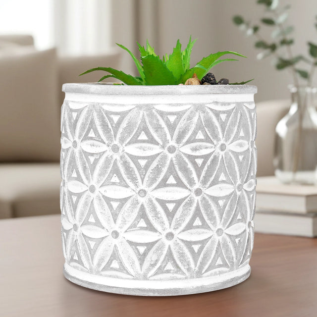 Maceta con Planta Artificial, Diseño Cilindro con Patrón, Color Gris