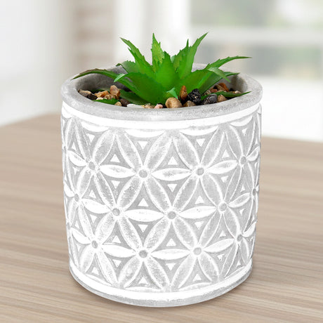 Maceta con Planta Artificial, Diseño Cilindro con Patrón, Color Gris