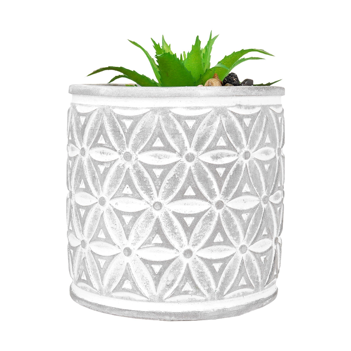 Maceta con Planta Artificial, Diseño Cilindro con Patrón, Color Gris