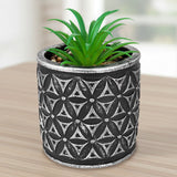 Maceta con Planta Artificial, Diseño Cilindro con Patrón, Color Plata