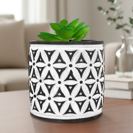 Maceta con Planta Artificial, Diseño Cilindro con Patrón, Color Negro