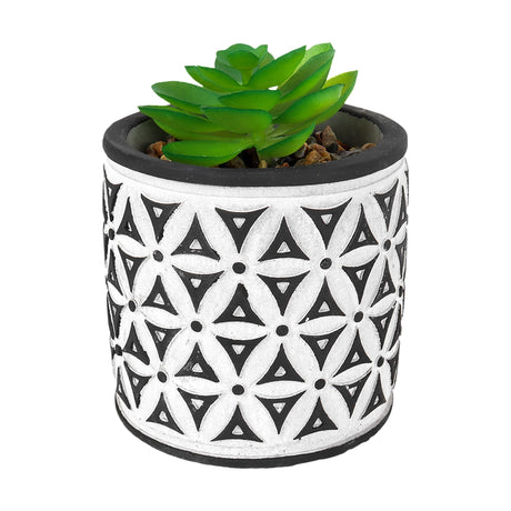 Maceta con Planta Artificial, Diseño Cilindro con Patrón, Color Negro