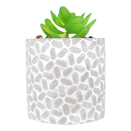 Maceta con Planta Artificial, Diseño con Patrón Figuras, Color Gris