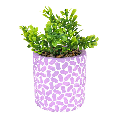 Maceta con Planta Artificial, Diseño con Patrón Figuras, Color Lila