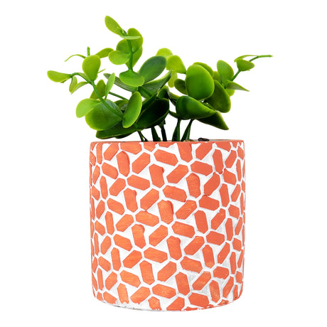 Maceta con Planta Artificial, Diseño con Patrón Figuras, Color Naranja