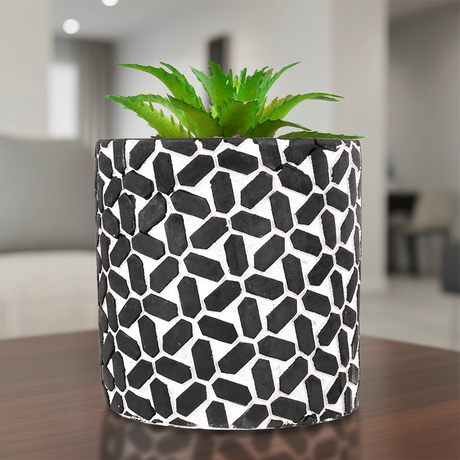 Maceta con Planta Artificial, Diseño con Patrón Figuras