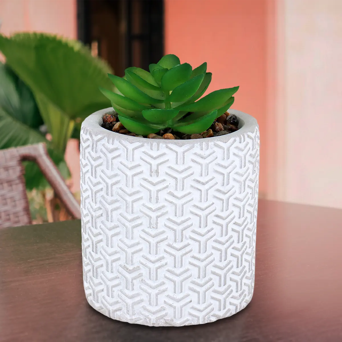 Maceta Cilindro, Diseño Textura, Color Gris