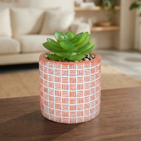 Maceta con Planta Artificial, Diseño Cilindro, Color Naranja