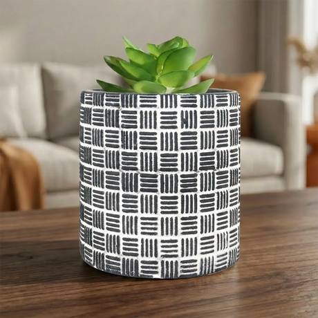 Maceta con Planta Artificial, Diseño Cilindro, Color Negro