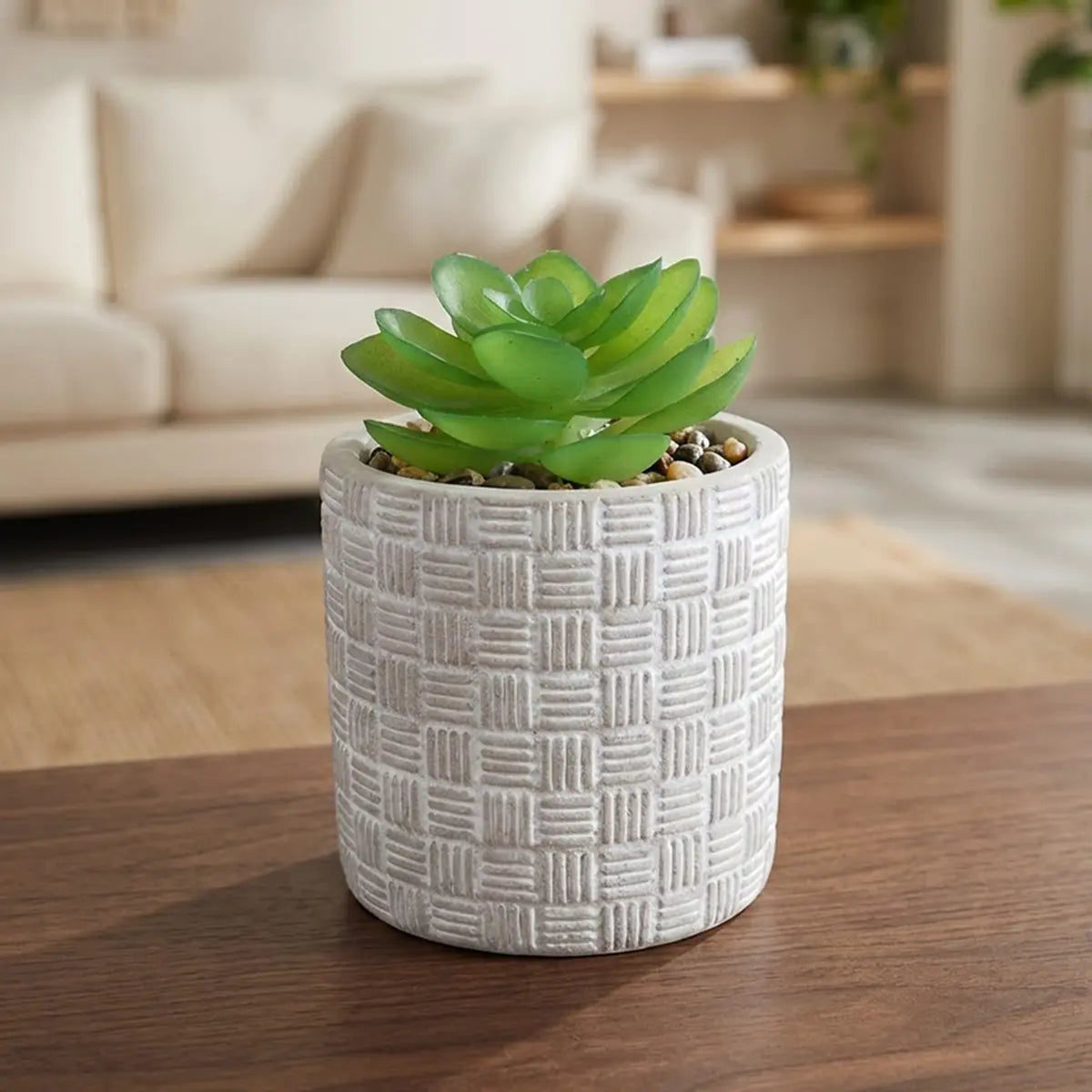 Maceta con Planta Artificial, Diseño Cilindro, Color Gris