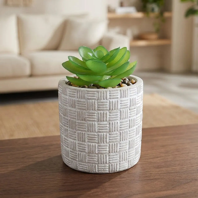 Maceta con Planta Artificial, Diseño Cilindro, Color Gris