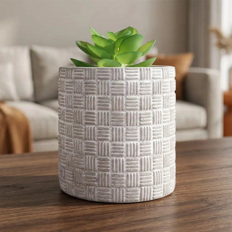 Maceta con Planta Artificial, Diseño Cilindro, Color Gris