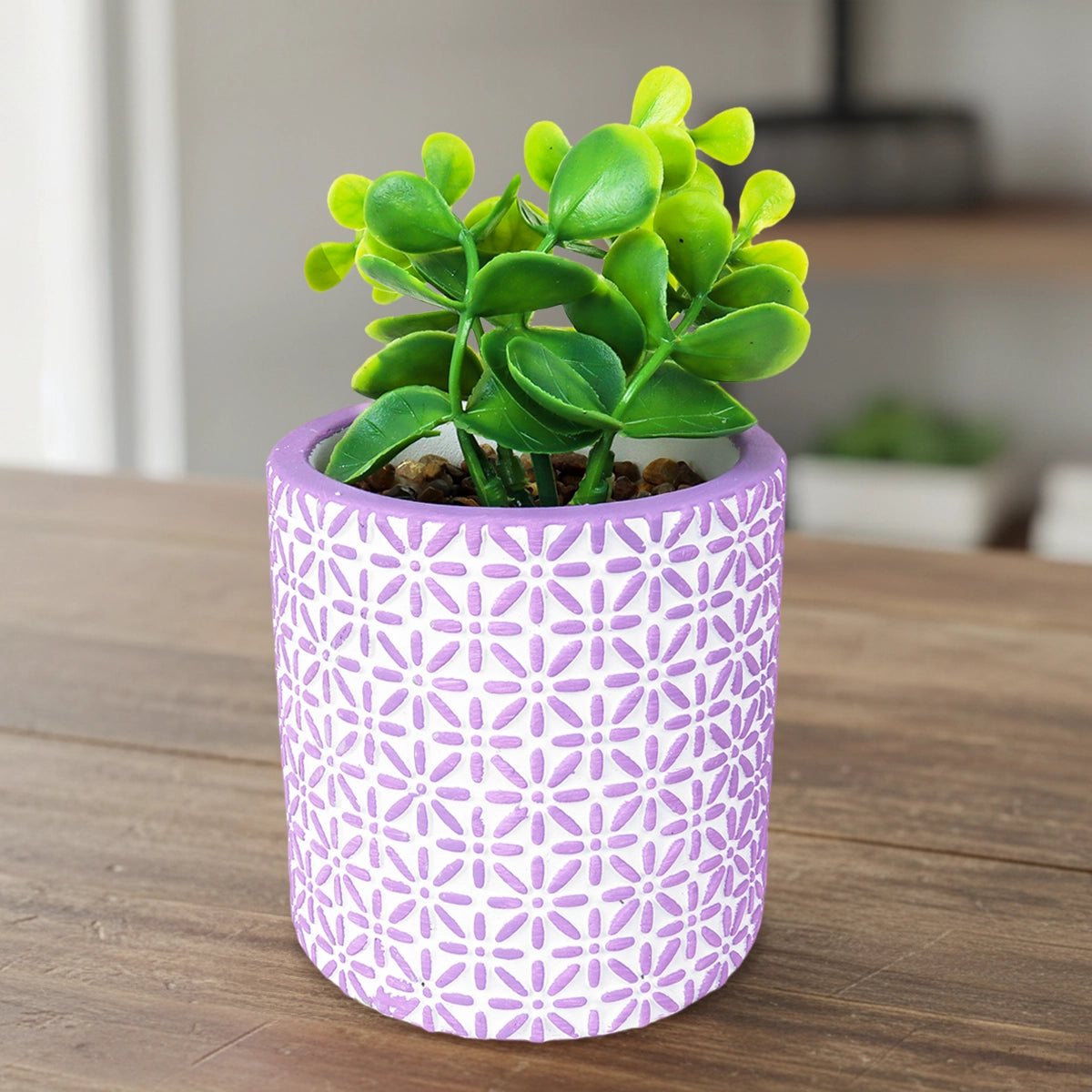 Maceta con Planta Artificial, Diseño con Patrón Flores, Color Lila