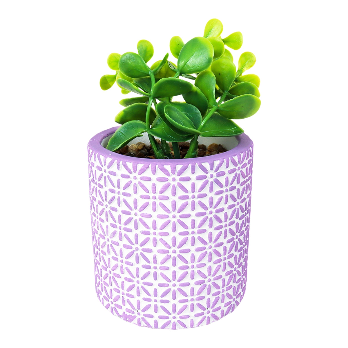 Maceta con Planta Artificial, Diseño con Patrón Flores, Color Lila