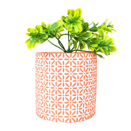 Maceta con Planta Artificial, Diseño con Patrón Flores, Color Naranja