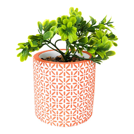 Maceta con Planta Artificial, Diseño con Patrón Flores, Color Naranja