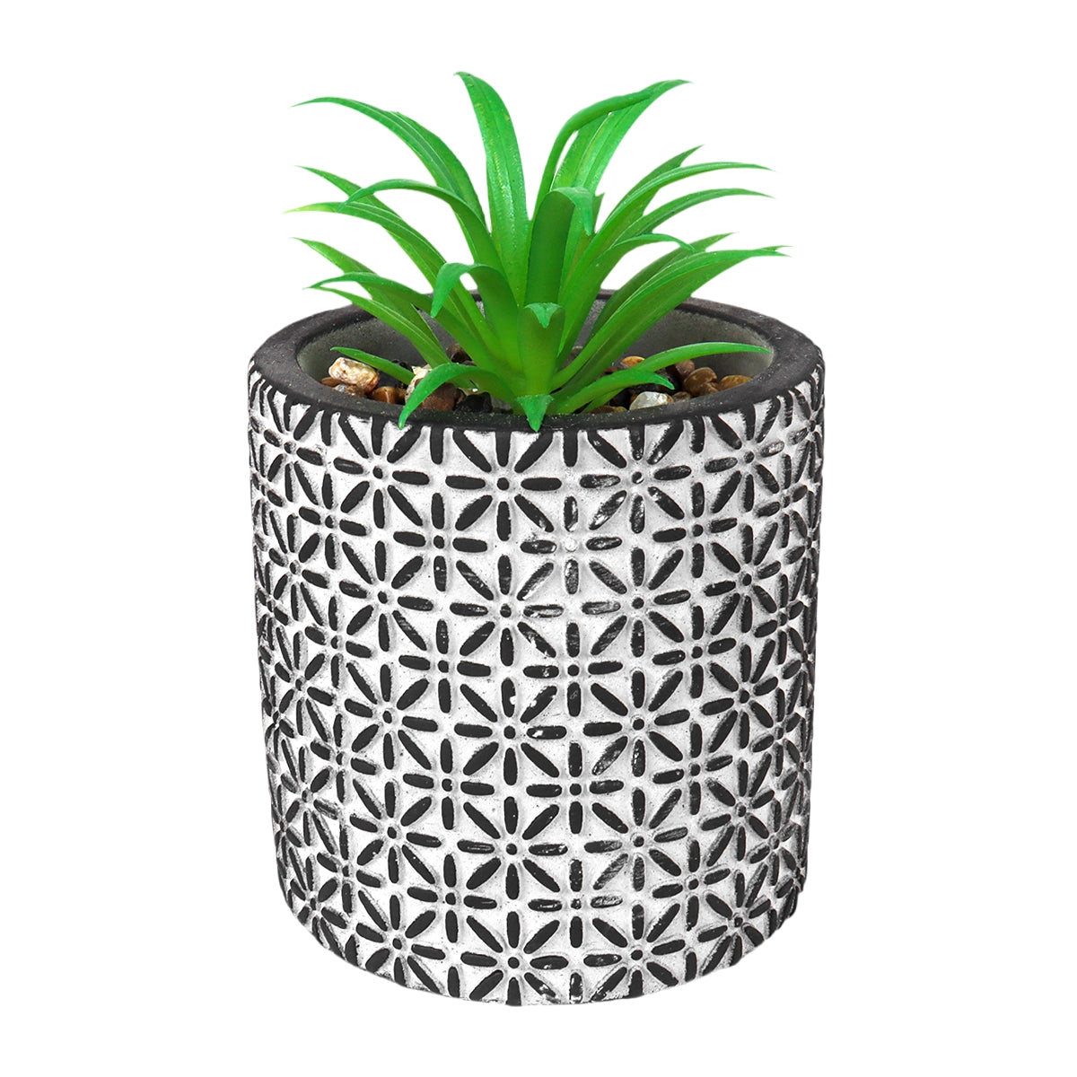 Maceta con Planta Artificial, Diseño con Patrón Flores, Color Negro