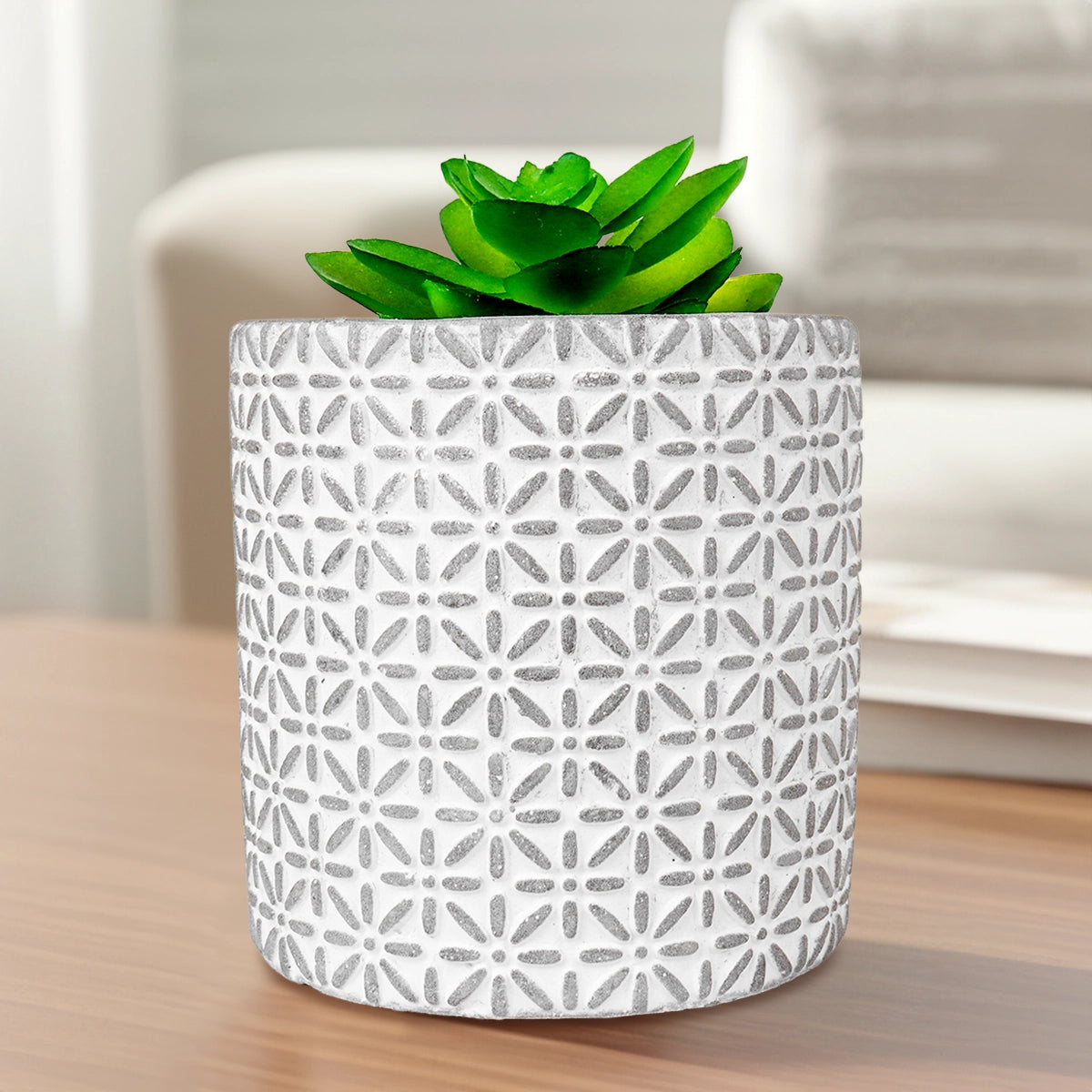 Maceta con Planta Artificial, Diseño con Patrón Flores, Color Gris